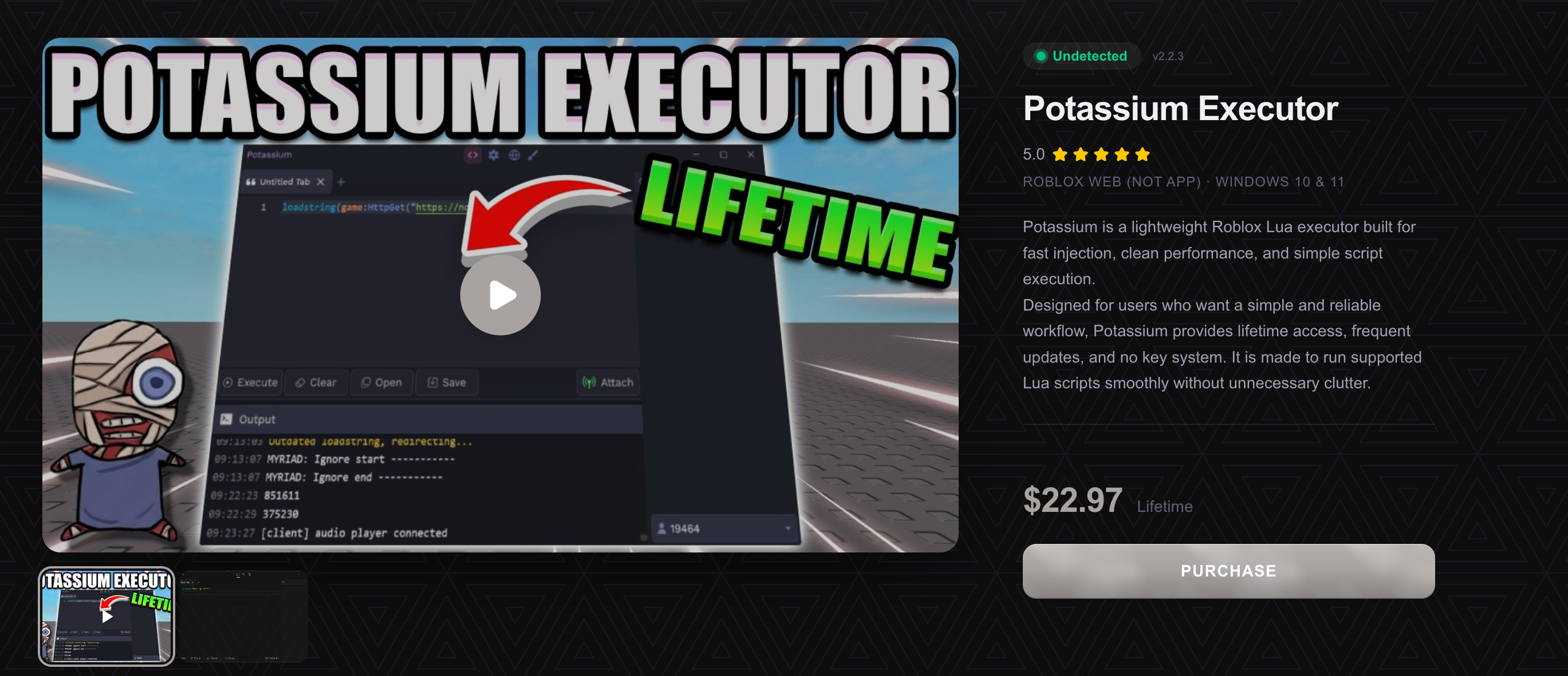 Potassium Executor checkout screen shown before the Sell Lemons script demo